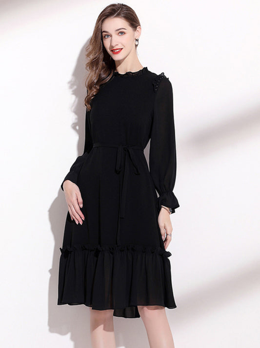 Women's Long Sleeve Fungus Belted Dress