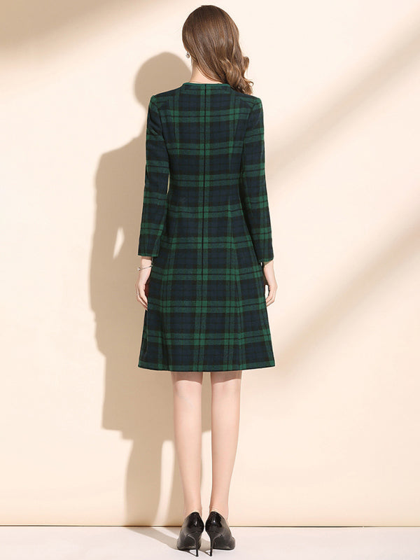 Women's Crew Neck Waist Mid Length Wool Plaid Skirt