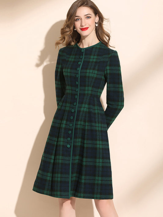 Women's Crew Neck Waist Mid Length Wool Plaid Skirt