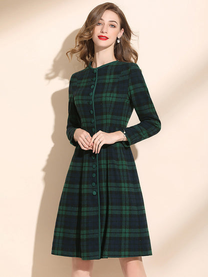 Women's Crew Neck Waist Mid Length Wool Plaid Skirt