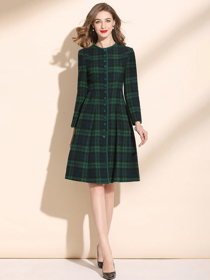 Women's Crew Neck Waist Mid Length Wool Plaid Skirt