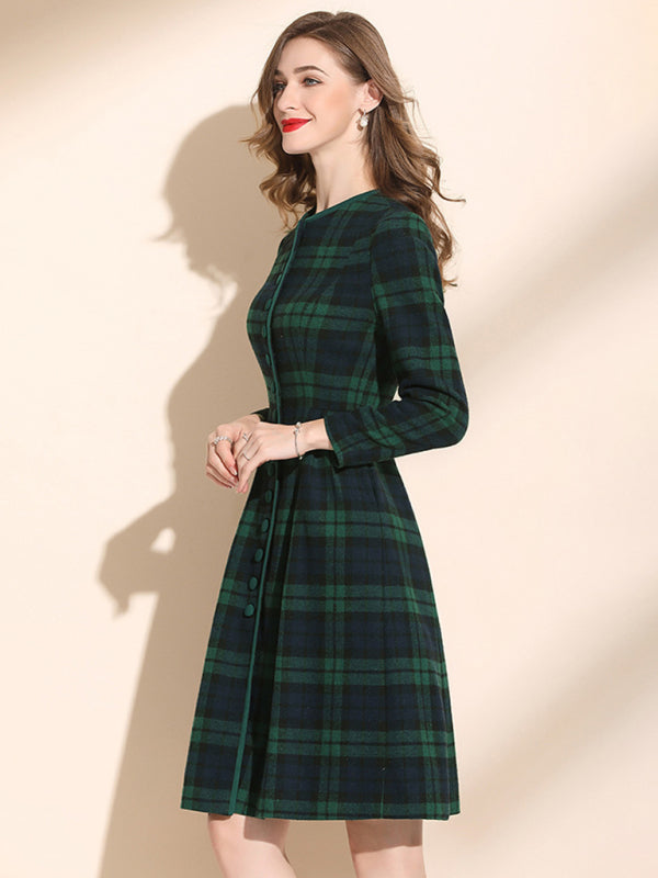 Women's Crew Neck Waist Mid Length Wool Plaid Skirt