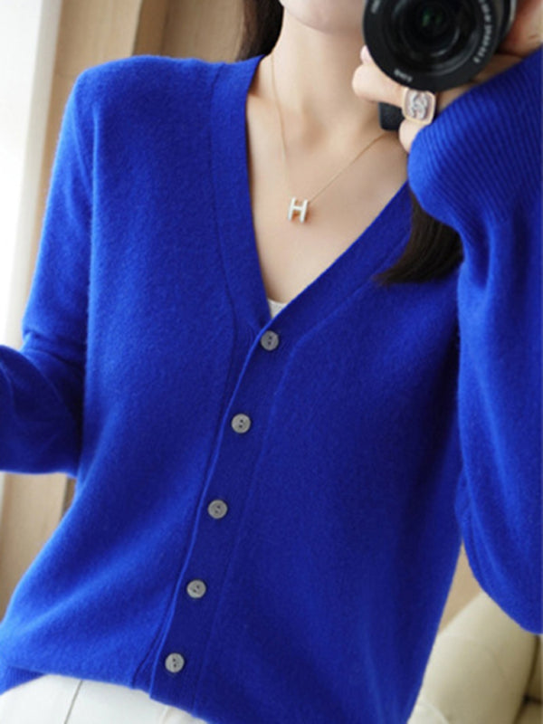 V-neck solid color short knitted cardigan coat sweater