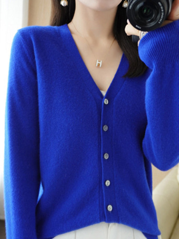 V-neck solid color short knitted cardigan coat sweater