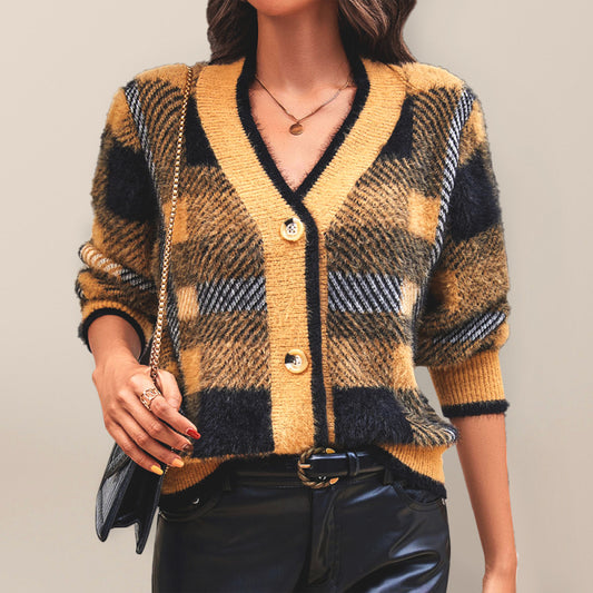 Autumn and winter new women's plaid button cardigan sweater