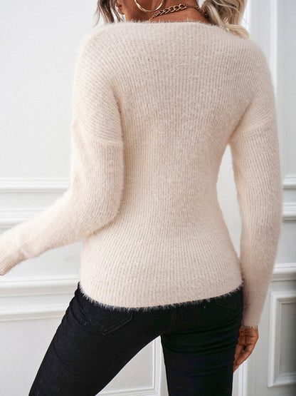 Women's V-neck cross elegant knitted long-sleeved sweater