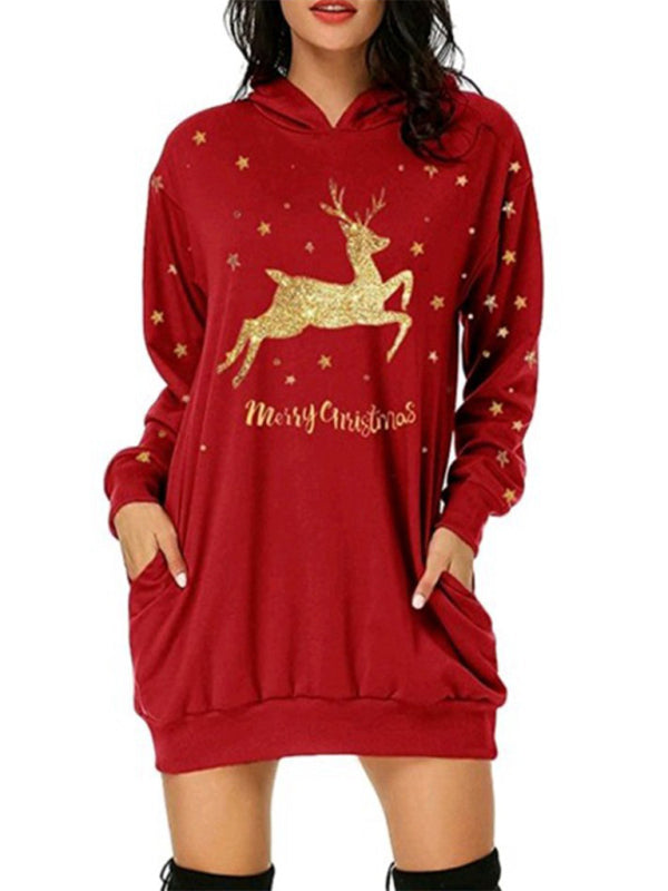 Christmas Print Medium Long Pocket Hooded Long Sleeve Sweatshirt Women