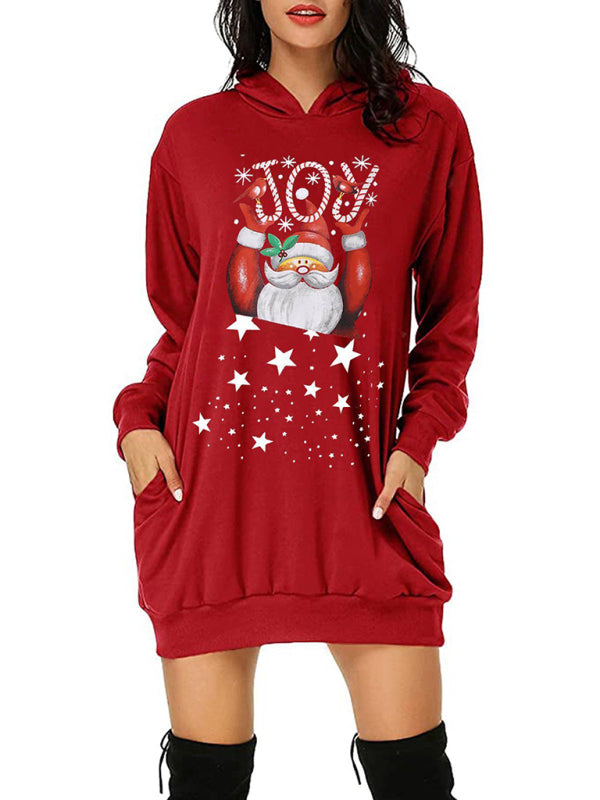 Christmas Print Medium Long Pocket Hooded Long Sleeve Sweatshirt Women