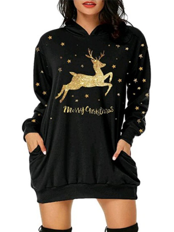 Christmas Print Medium Long Pocket Hooded Long Sleeve Sweatshirt Women