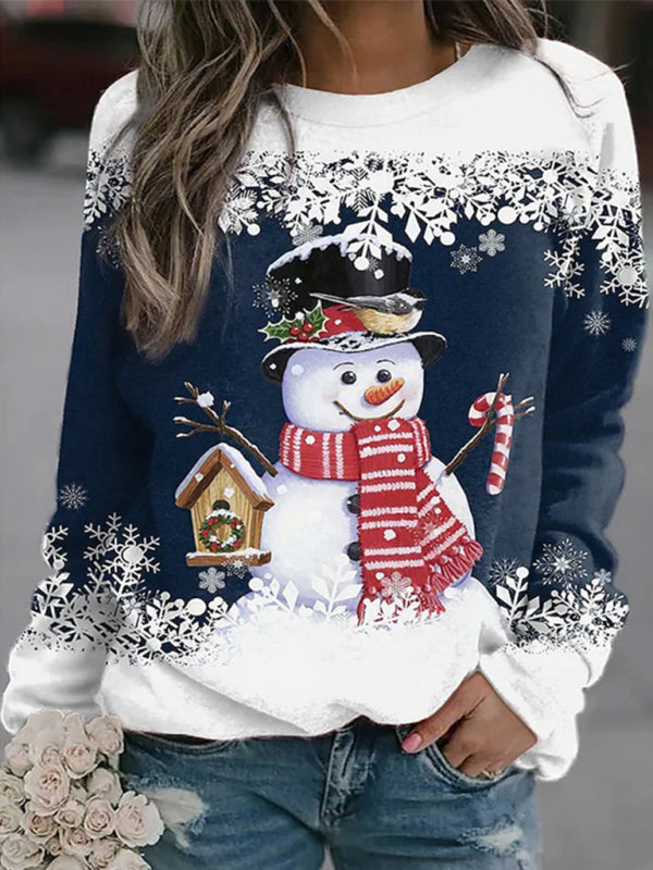 Women's Christmas New Snowman Print Long Sleeve Casual Loose T Blood Women