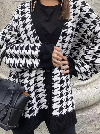 Sweater women's loose V-neck houndstooth long-sleeved knitted cardigan jacket color contrast