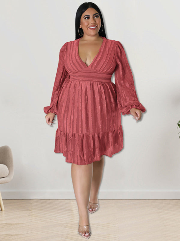 Plus size jacquard V-neck striped long-sleeved dress