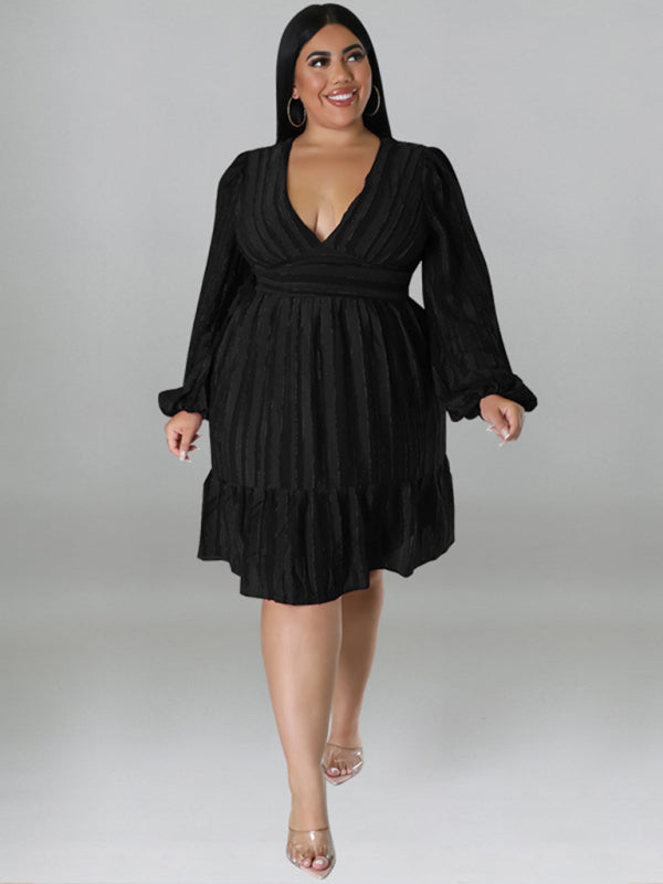 Plus size jacquard V-neck striped long-sleeved dress