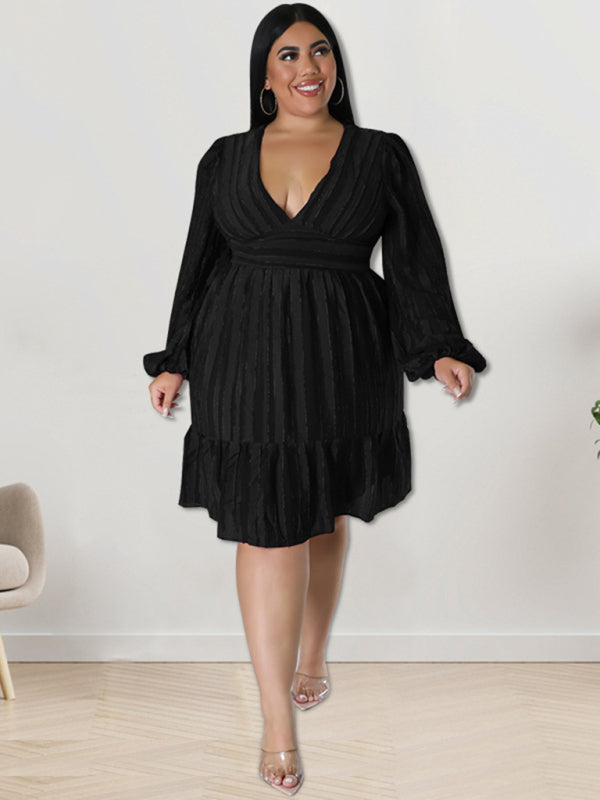 Plus size jacquard V-neck striped long-sleeved dress