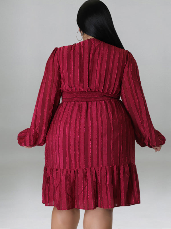 Plus size jacquard V-neck striped long-sleeved dress