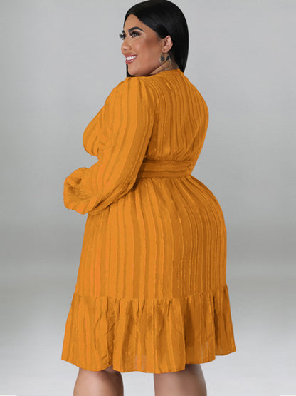 Plus size jacquard V-neck striped long-sleeved dress