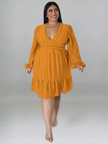 Plus size jacquard V-neck striped long-sleeved dress