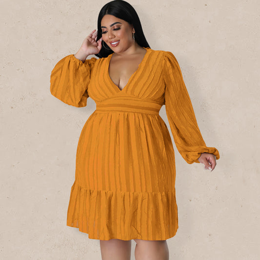 Plus size jacquard V-neck striped long-sleeved dress