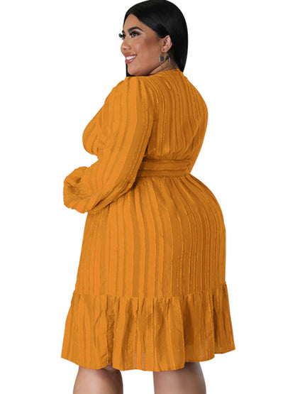 Plus size jacquard V-neck striped long-sleeved dress