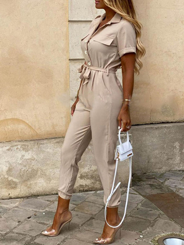 Women's Casual Lapel Buttoned Belt Cargo Jumpsuit