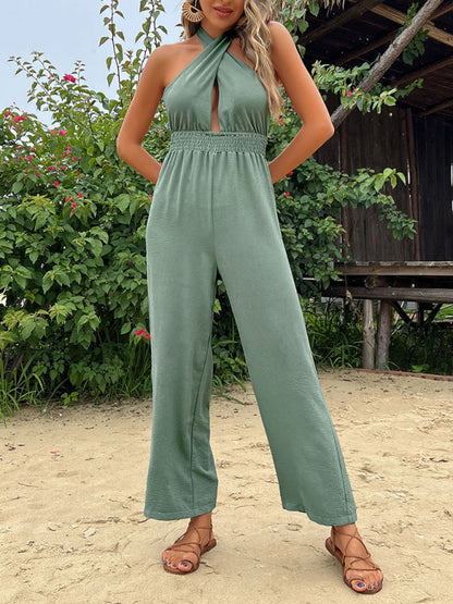 Women's woven halter neck hollow back wide-leg jumpsuit