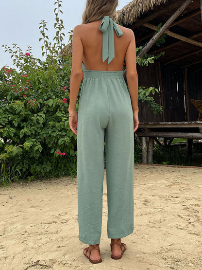 Women's woven halter neck hollow back wide-leg jumpsuit