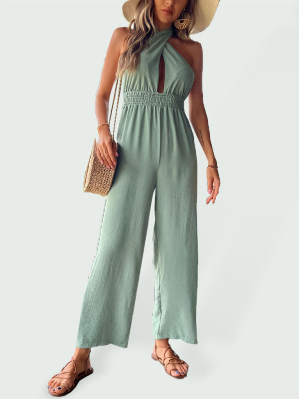 Women's woven halter neck hollow back wide-leg jumpsuit