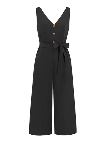 Women's Fashion Sexy Slim Sleeveless Button V-Neck Jumpsuit