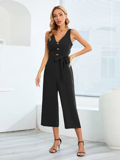 Women's Fashion Sexy Slim Sleeveless Button V-Neck Jumpsuit