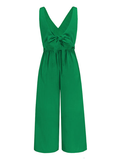 Women's Fashion Sexy Slim Sleeveless Button V-Neck Jumpsuit