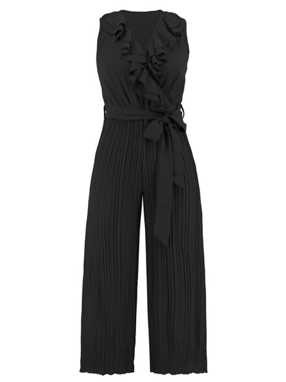 Women's Sleeveless V Neck Ruffle Lace Pleated Jumpsuit