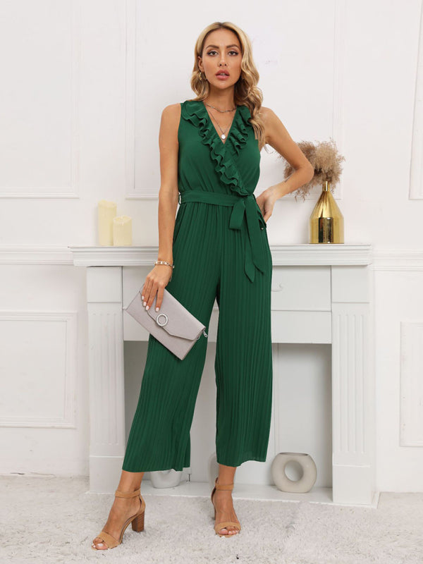 Women's Sleeveless V Neck Ruffle Lace Pleated Jumpsuit