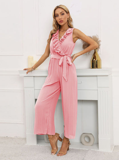 Women's Sleeveless V Neck Ruffle Lace Pleated Jumpsuit