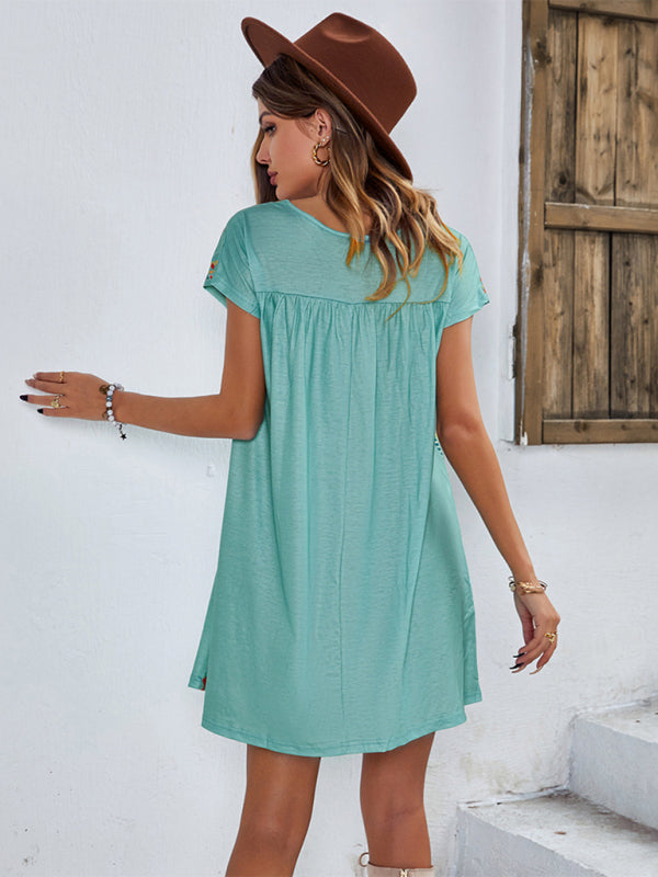 Woman knitted round neck casual holiday short -sleeved dress