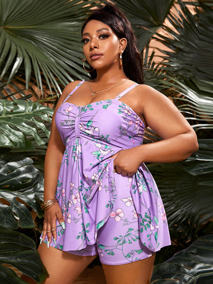 Ladies Plus Size - Printed Split Boxer Swimsuit Set