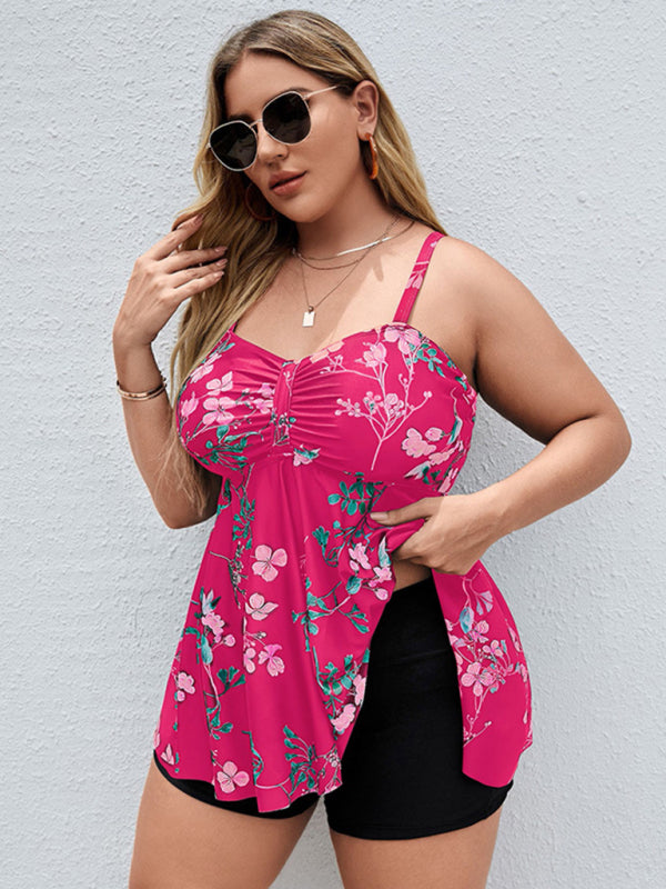 Ladies Plus Size - Printed Split Boxer Swimsuit Set