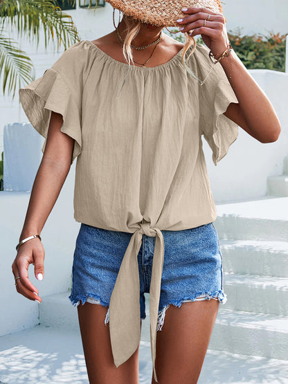 Women's woven ruffled tie round neck one-shoulder top