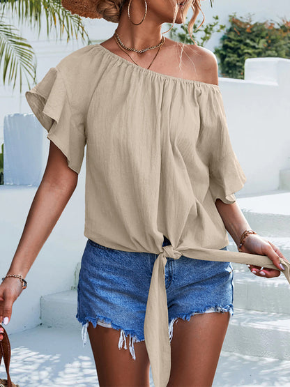 Women's woven ruffled tie round neck one-shoulder top