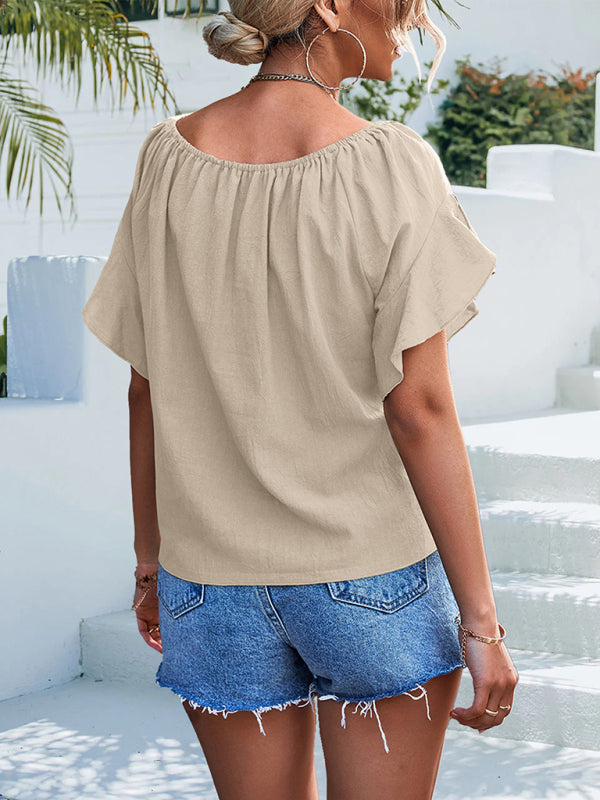 Women's woven ruffled tie round neck one-shoulder top