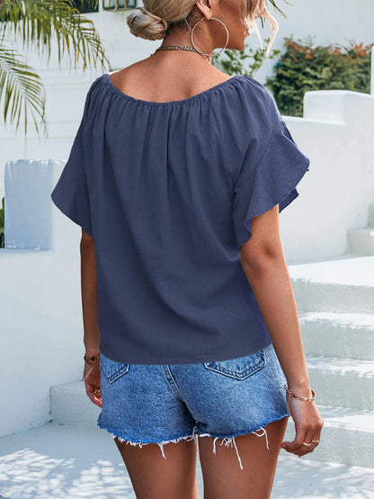 Women's woven ruffled tie round neck one-shoulder top