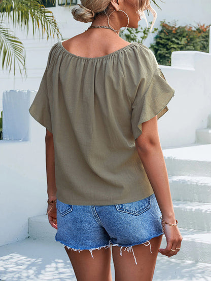 Women's woven ruffled tie round neck one-shoulder top