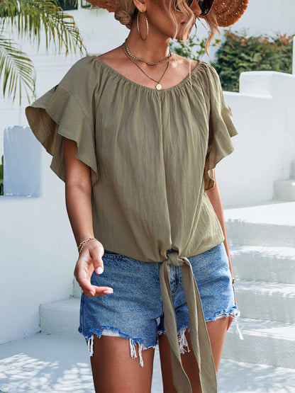 Women's woven ruffled tie round neck one-shoulder top