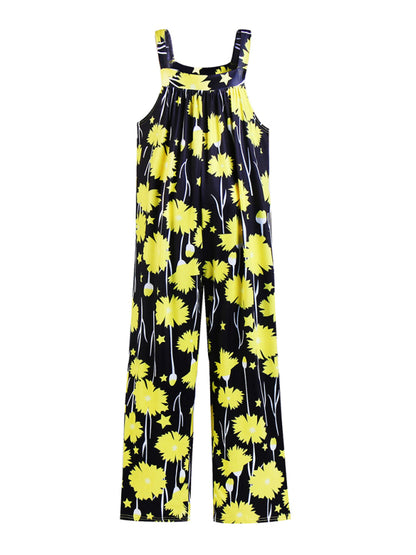 Women's Printed Square Neck Wide Suspenders Jumpsuit