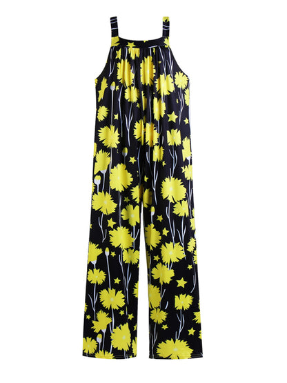 Women's Printed Square Neck Wide Suspenders Jumpsuit