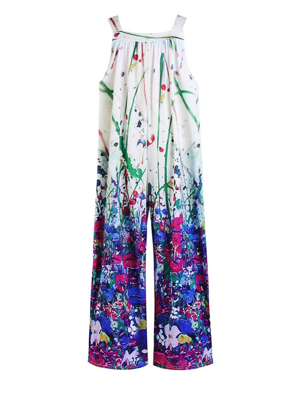 Women's Printed Square Neck Wide Suspenders Jumpsuit