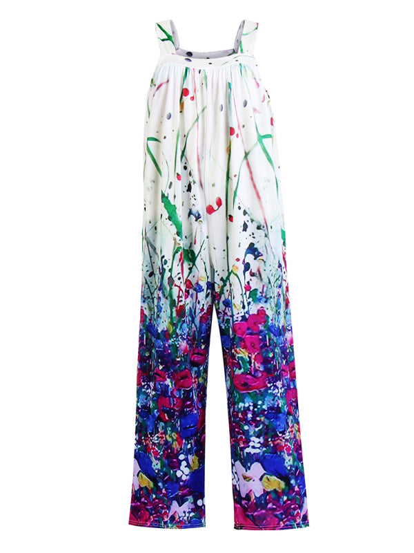 Women's Printed Square Neck Wide Suspenders Jumpsuit