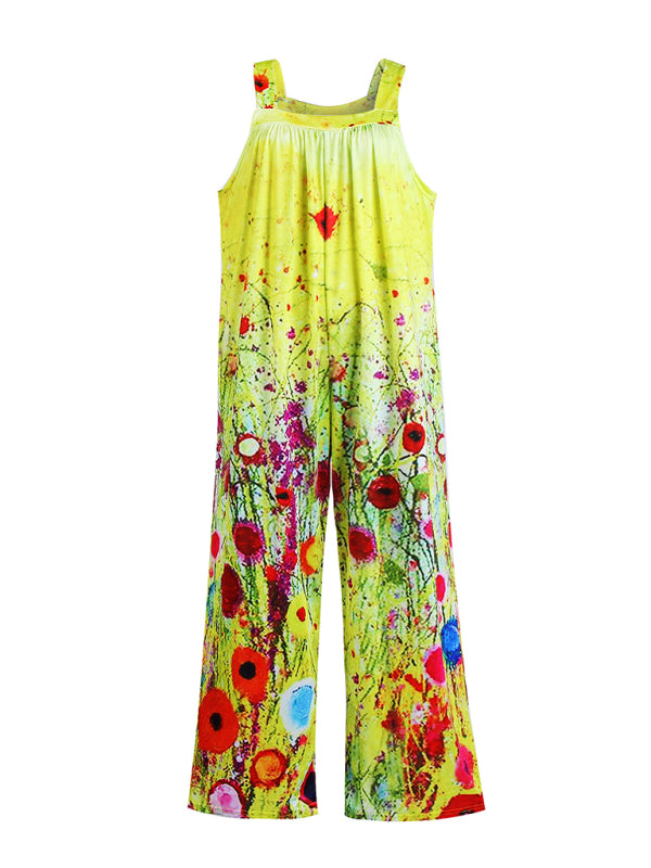 Women's Printed Square Neck Wide Suspenders Jumpsuit