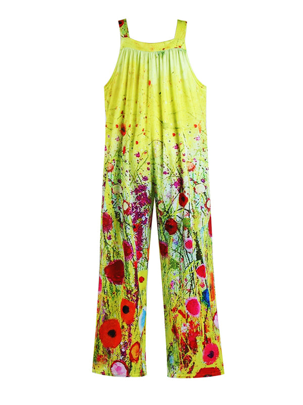 Women's Printed Square Neck Wide Suspenders Jumpsuit