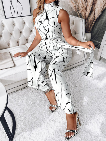 Women's Fashion Commuter Slim Abstract Print Sleeveless Jumpsuit