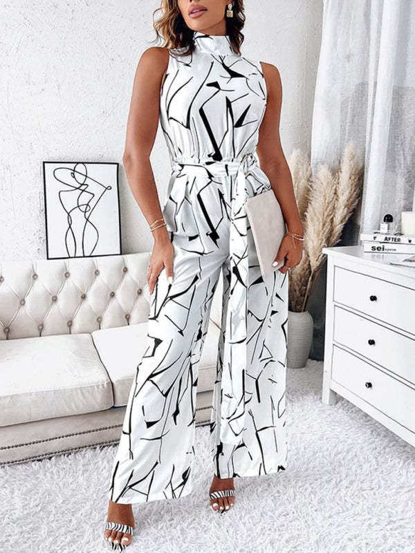 Women's Fashion Commuter Slim Abstract Print Sleeveless Jumpsuit